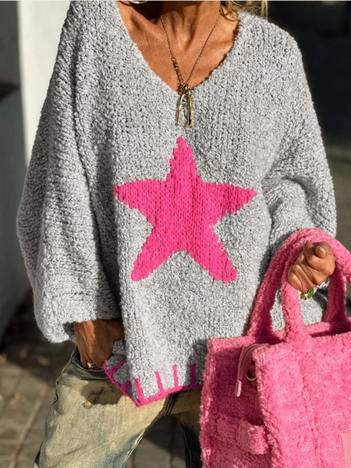 Damer stickad tröja med V-krage och iögonfallande stjärnmönster Eva Jonsson-Eva Jonsson