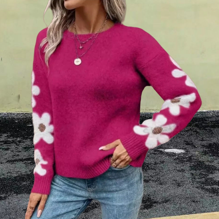 Damer stickad tröja med blommönster och rundhalsutskärning Eva Jonsson-Eva Jonsson