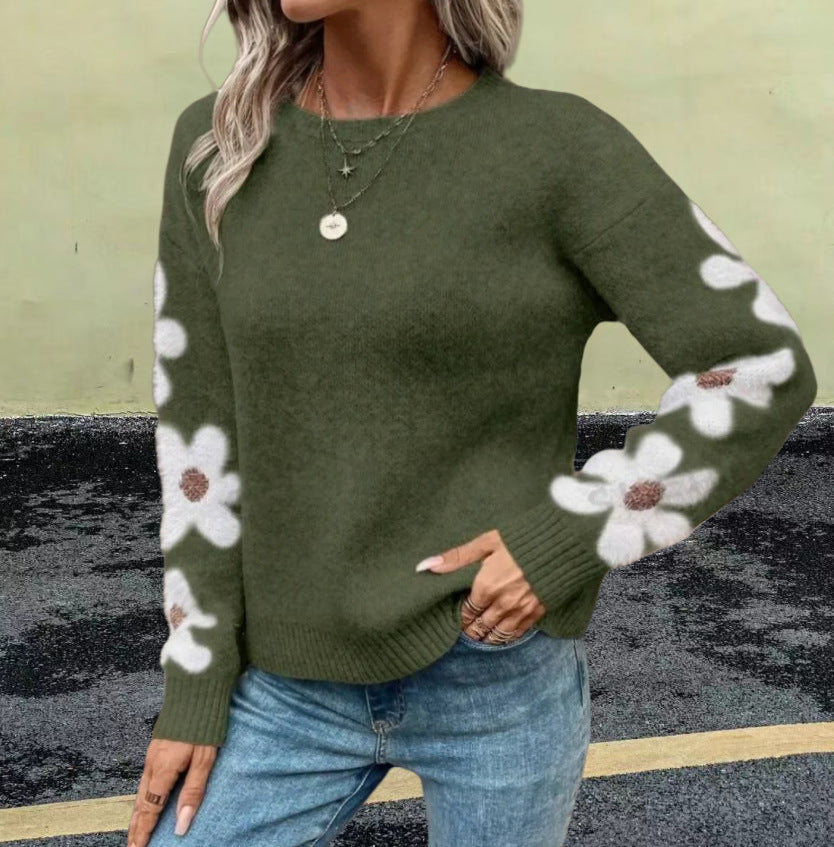 Damer stickad tröja med blommönster och rundhalsutskärning Eva Jonsson-Eva Jonsson