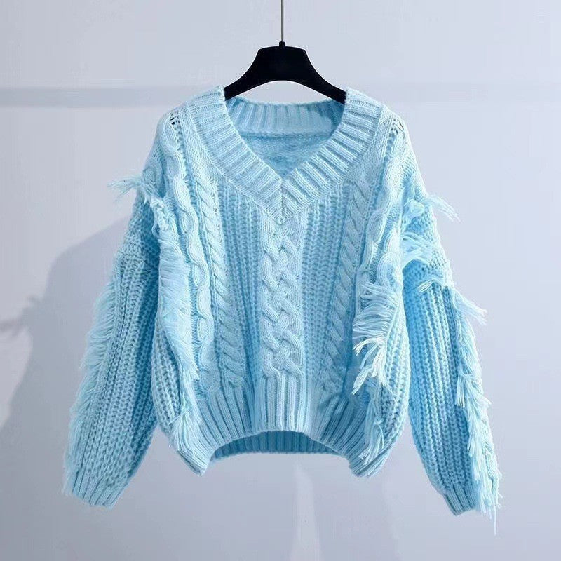 Damer stickad tröja med fransiga ärmar och flätdesign Eva Jonsson-Eva Jonsson