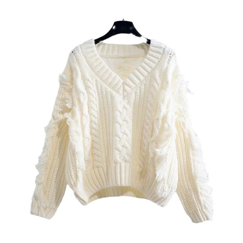 Damer stickad tröja med fransiga ärmar och flätdesign Eva Jonsson-Eva Jonsson