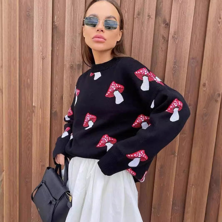 Damer stickad tröja med kreativt svampmönster Mirla-Eva Jonsson