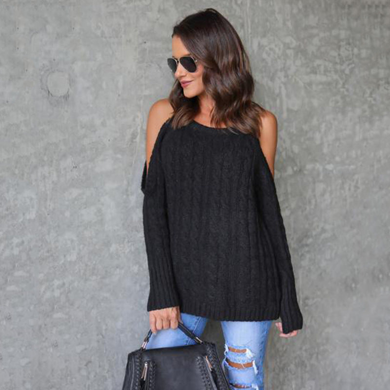 Damer stickad tröja med off-shoulder design och detaljerad flätstruktur Eva Jonsson-Eva Jonsson
