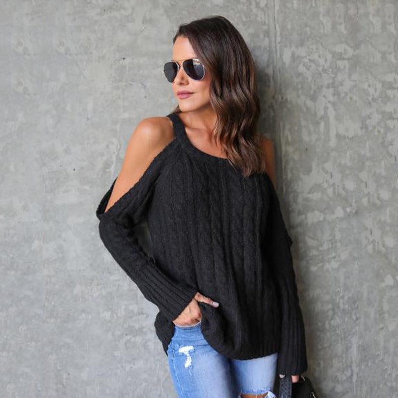 Damer stickad tröja med off-shoulder design och detaljerad flätstruktur Eva Jonsson-Eva Jonsson