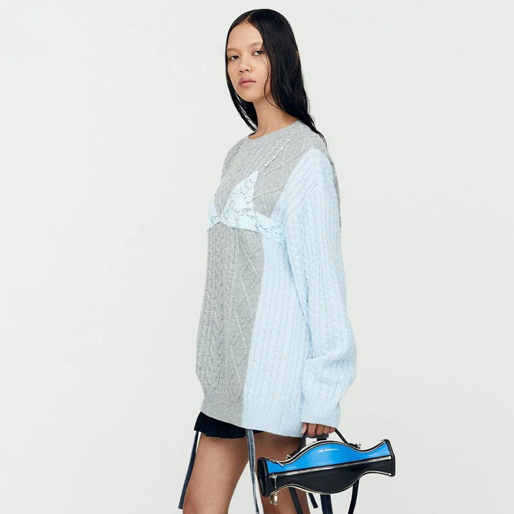 Damer stickad tröja med off-shoulder-design och lingerie-element Mirla-Eva Jonsson