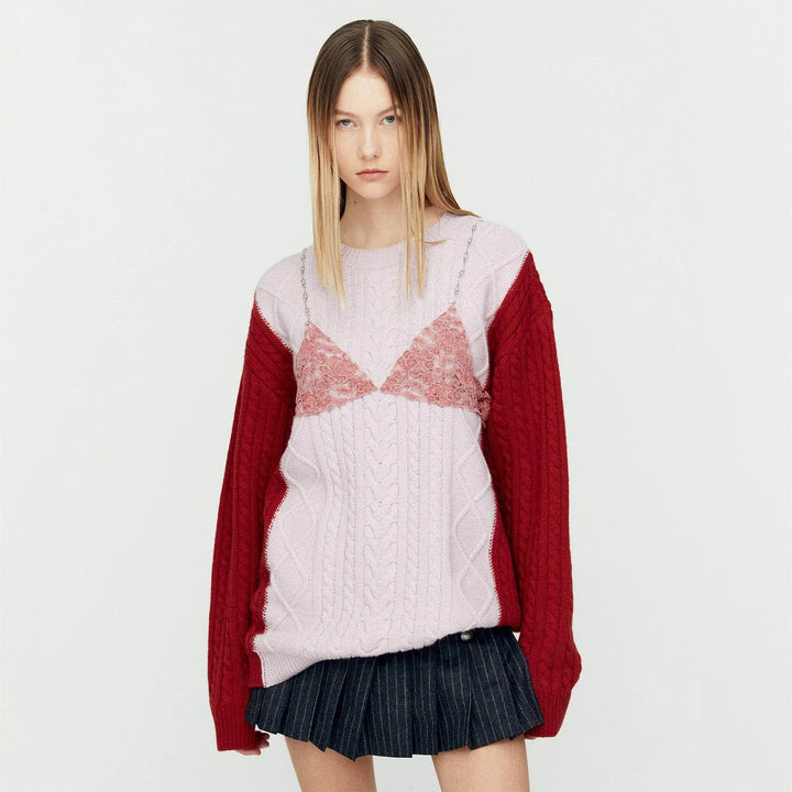 Damer stickad tröja med off-shoulder-design och lingerie-element Mirla-Eva Jonsson