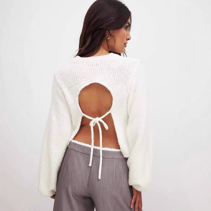 Damer stickad tröja med öppen ryggdesign och elegant snörning Eva Jonsson-Eva Jonsson
