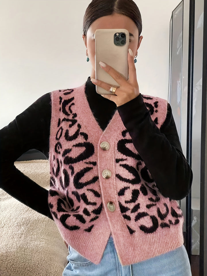 Damer stickad väst med elegant leopardtryck och högkvalitativa knappar Mirla-Eva Jonsson