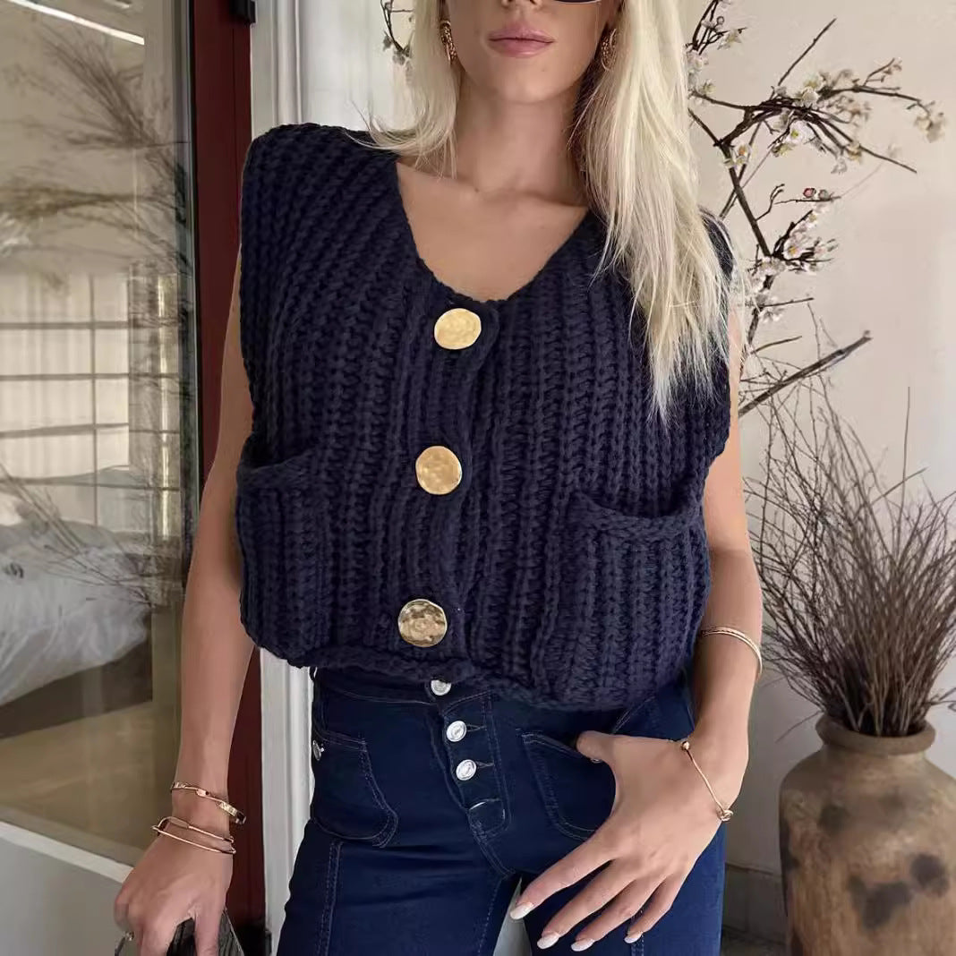 Damer stickad väst med fickor Mirla-Eva Jonsson