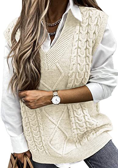 Damer stickad väst med flätdesign och V-ringning Mirla-Eva Jonsson
