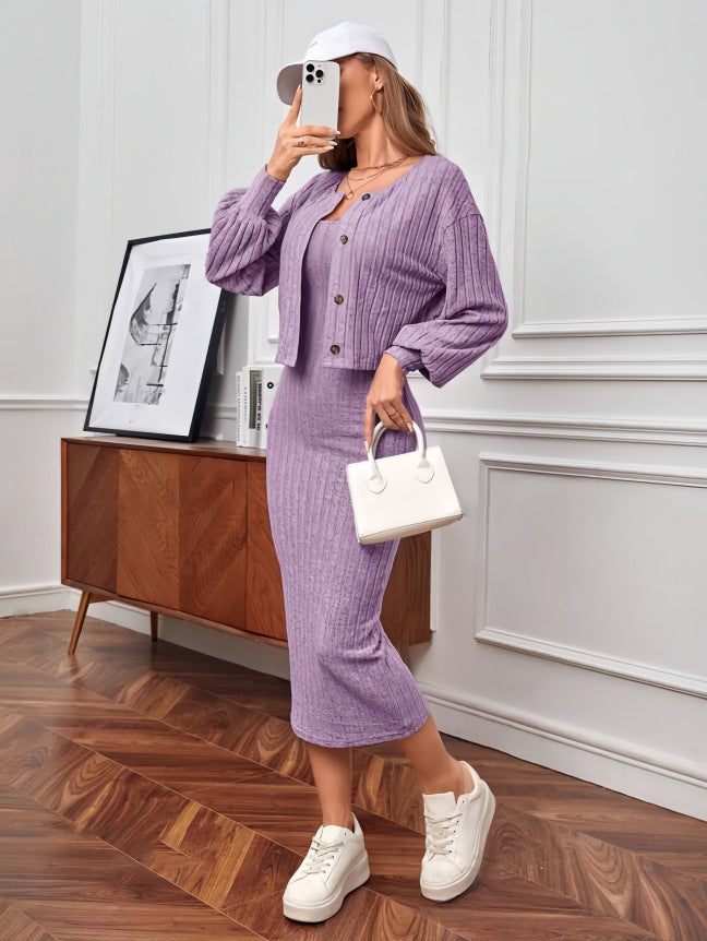 Damer stickat outfit med knapplist och mudd Mirla-Eva Jonsson