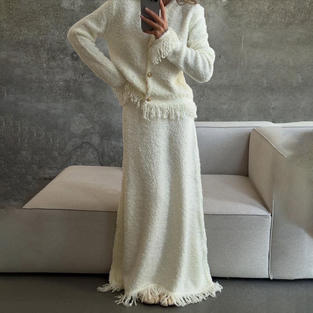 Damer stickensemble med fransar och eleganta knappar Mirla-Eva Jonsson