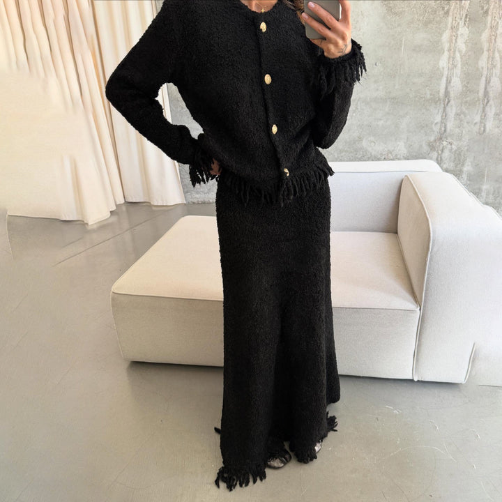 Damer stickensemble med fransar och eleganta knappar Mirla-Eva Jonsson