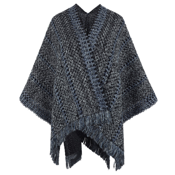 Damer stickponcho med V-ringning och fransar Mirla-Eva Jonsson