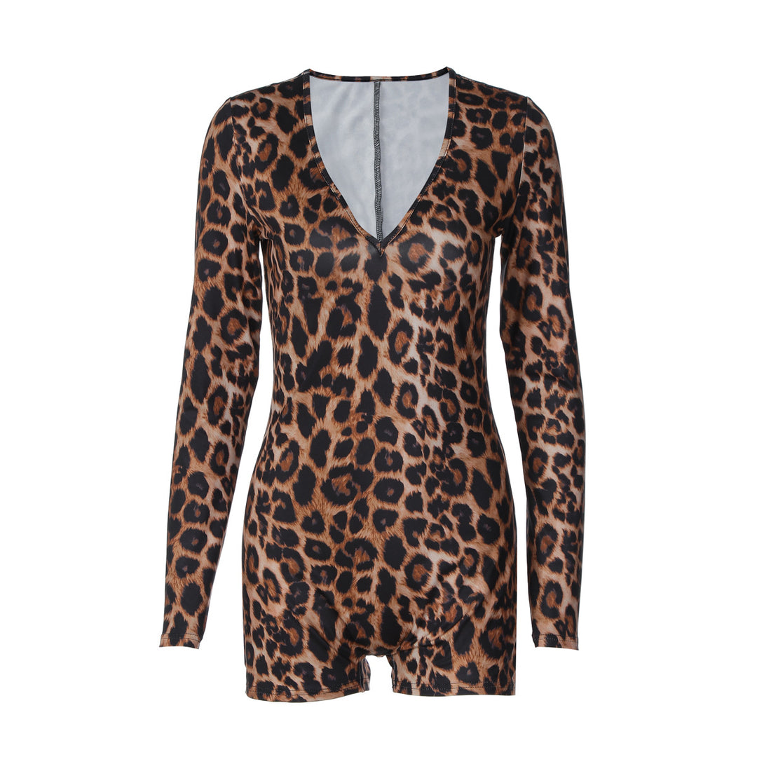 Damer stilfull leopardmönstrad bodysuit med V-urringning och långa ärmar Mirla-Eva Jonsson