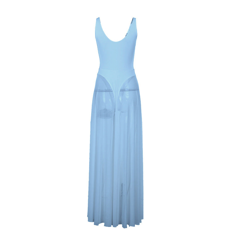 Damer stilfull maxi klänning med transparent kjol och elegant V-halsning Mirla-Eva Jonsson
