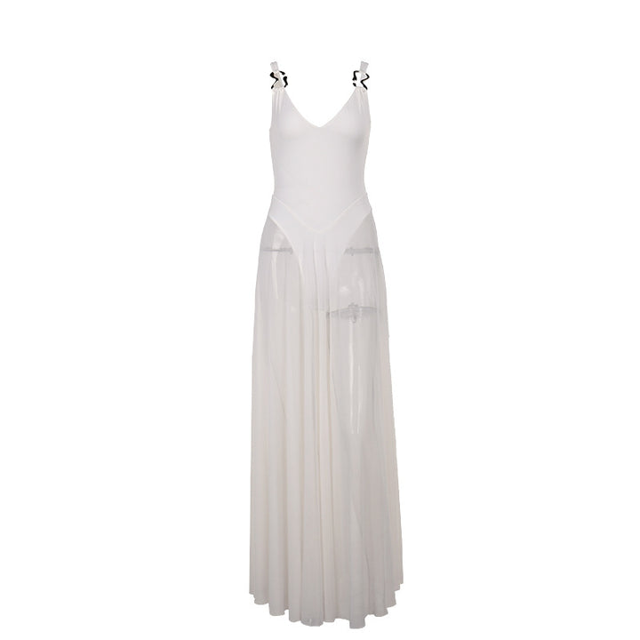 Damer stilfull maxi klänning med transparent kjol och elegant V-halsning Mirla-Eva Jonsson