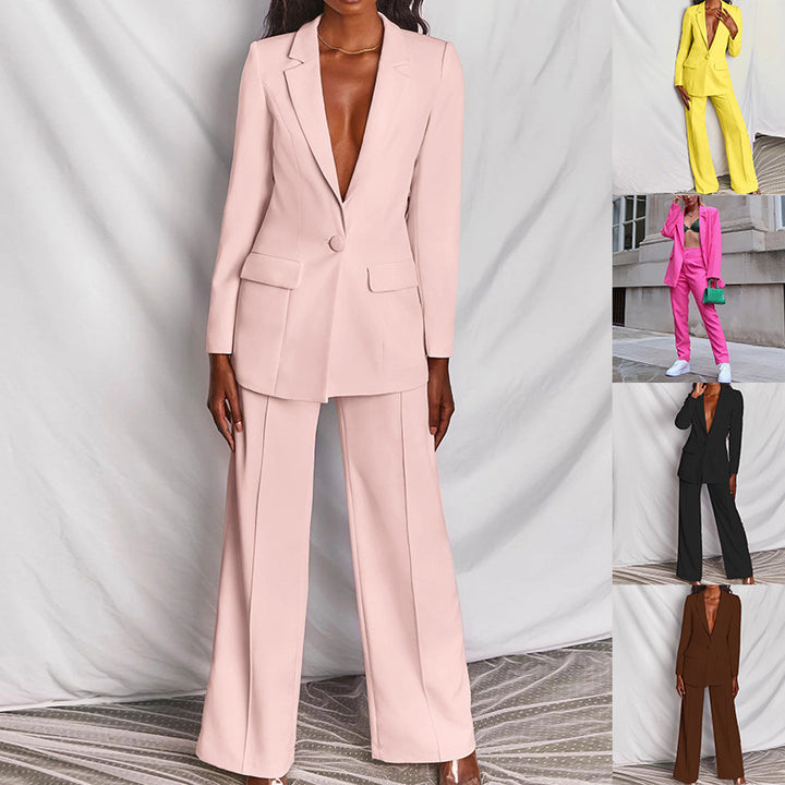 Damer stiligt blazer-set med djup V-ringning och vida byxor Mirla-Eva Jonsson