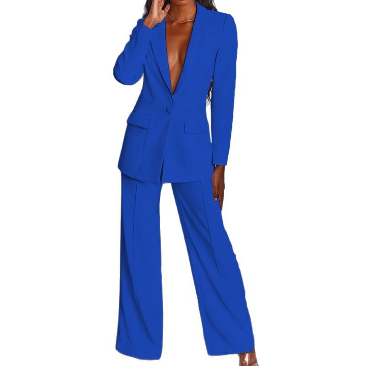 Damer stiligt blazer-set med djup V-ringning och vida byxor Mirla-Eva Jonsson