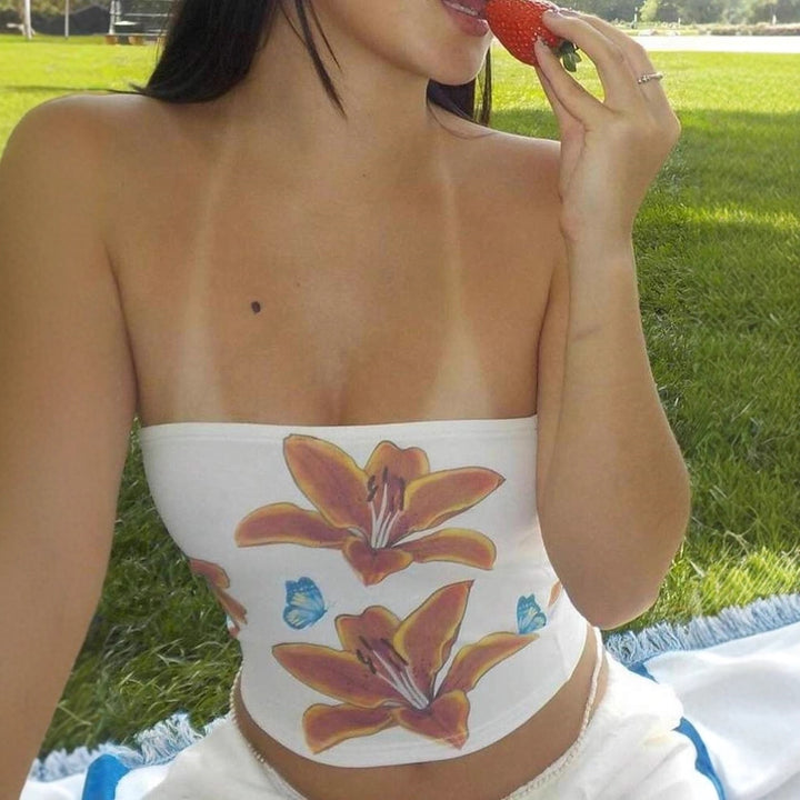 Damer strapless crop-top med färgglad blommönster Mirla-Eva Jonsson