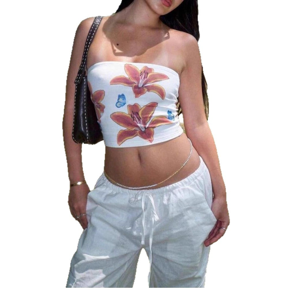Damer strapless crop-top med färgglad blommönster Mirla-Eva Jonsson
