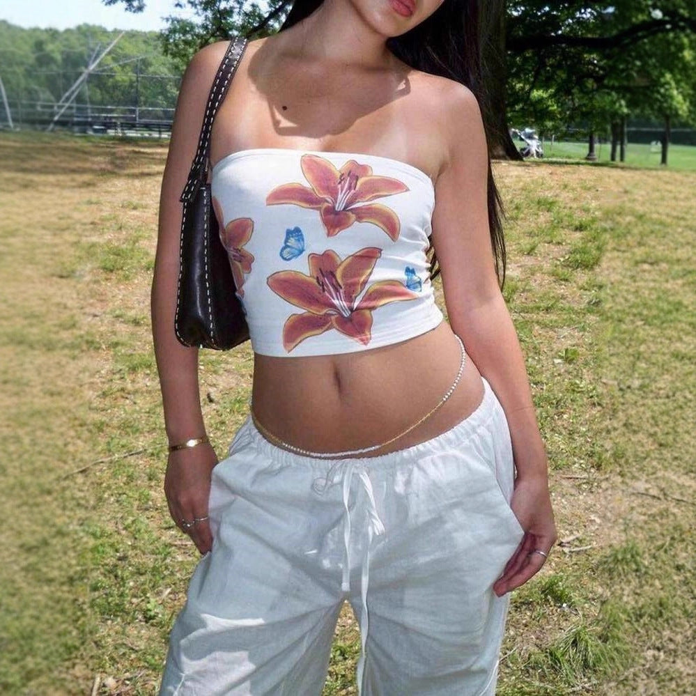 Damer strapless crop-top med färgglad blommönster Mirla-Eva Jonsson