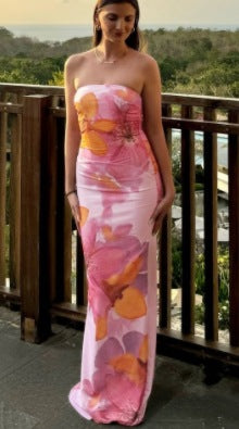 Damer strapless maxiklänning med blommönster och figursydd passform Mirla-Eva Jonsson