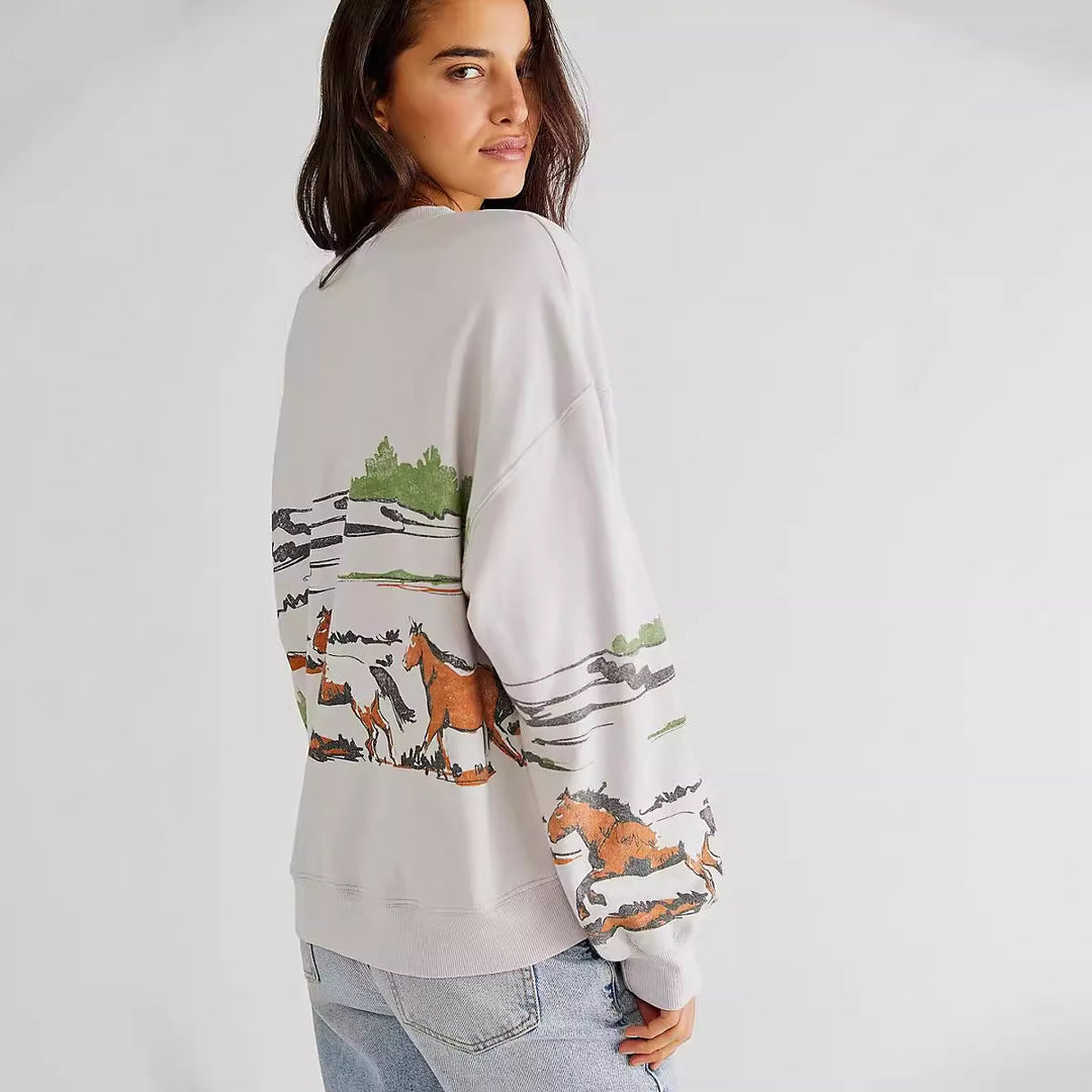 Damer sweatshirt med kreativ ponymotiv-grafik och avslappnad skärning Eva Jonsson-Eva Jonsson