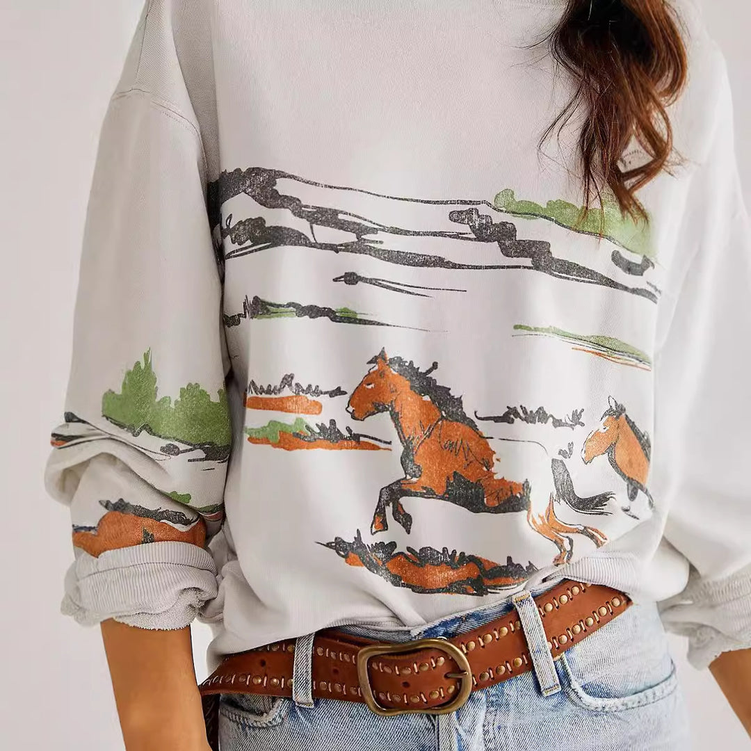 Damer sweatshirt med kreativ ponymotiv-grafik och avslappnad skärning Eva Jonsson-Eva Jonsson
