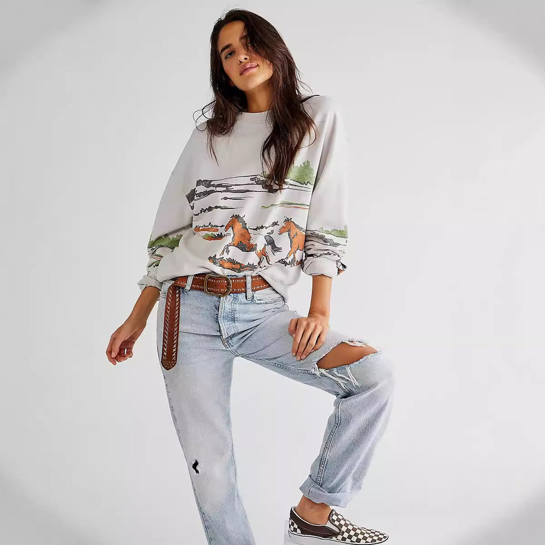 Damer sweatshirt med kreativ ponymotiv-grafik och avslappnad skärning Eva Jonsson-Eva Jonsson