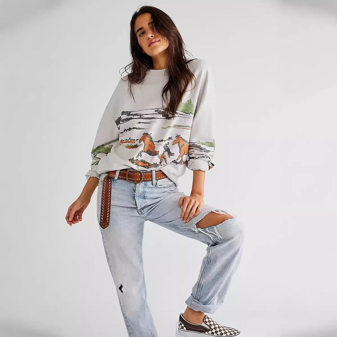 Damer sweatshirt med kreativ ponymotiv-grafik och avslappnad skärning Eva Jonsson-Eva Jonsson