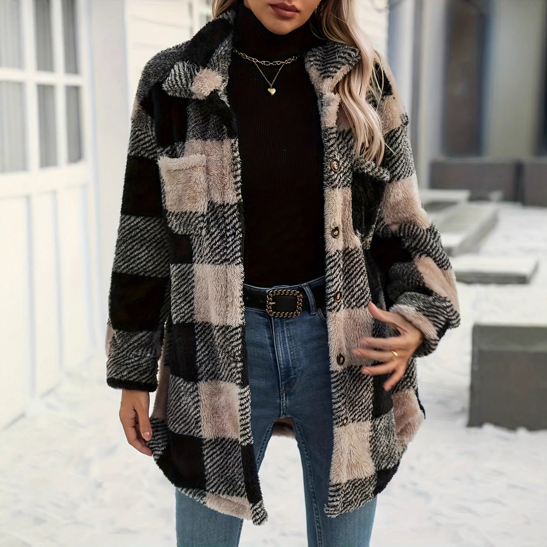 Damer teddyjacka med rutigt mönster och mjukt päls Mirla-Eva Jonsson