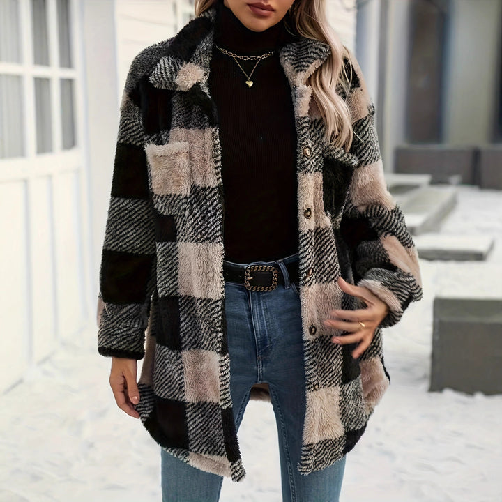 Damer teddyjacka med rutigt mönster och mjukt päls Mirla-Eva Jonsson