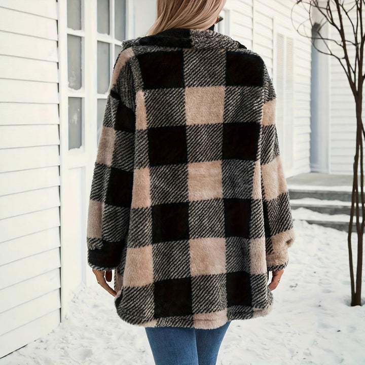 Damer teddyjacka med rutigt mönster och mjukt päls Mirla-Eva Jonsson