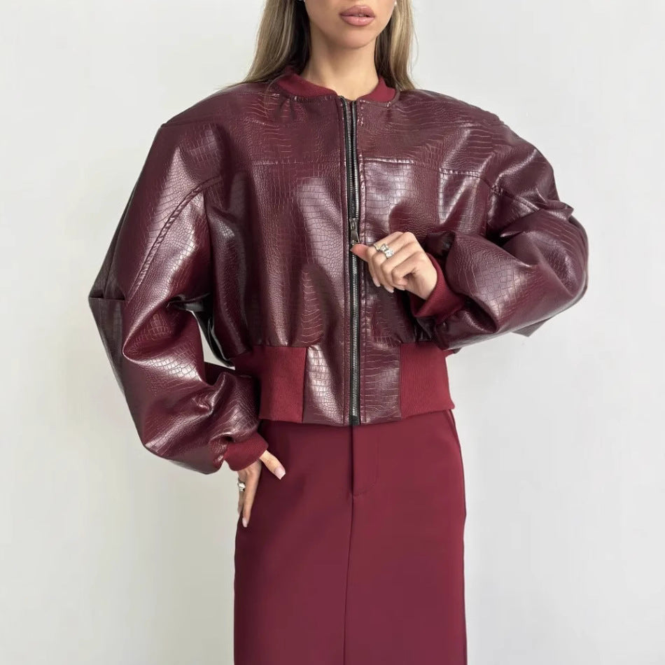 Damer trendig cropped konstläder jacka med voluminösa ärmar Mirla-Eva Jonsson