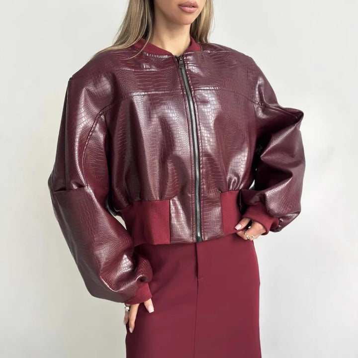 Damer trendig cropped konstläder jacka med voluminösa ärmar Mirla-Eva Jonsson