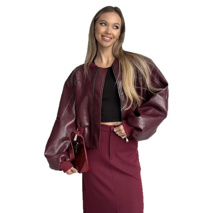Damer trendig cropped konstläder jacka med voluminösa ärmar Mirla-Eva Jonsson