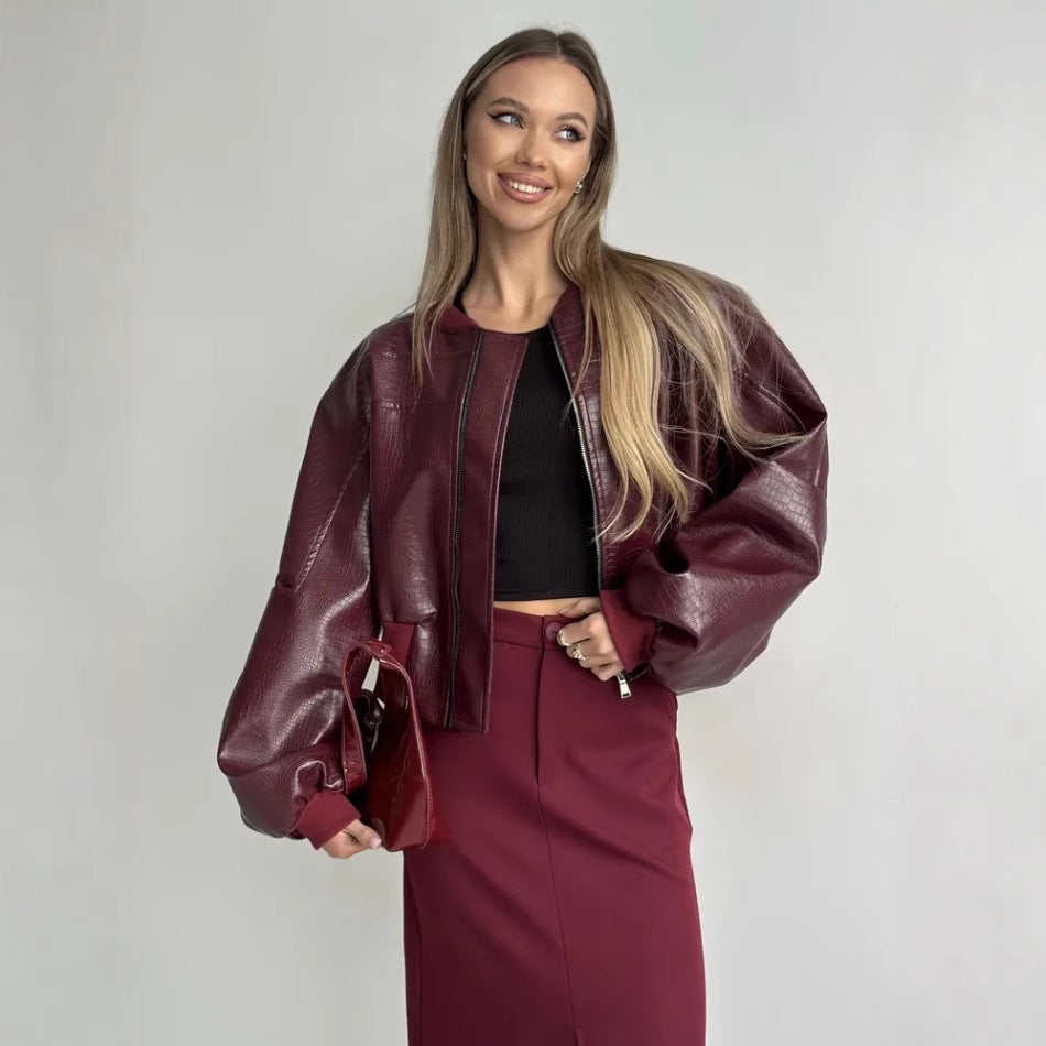 Damer trendig cropped konstläder jacka med voluminösa ärmar Mirla-Eva Jonsson