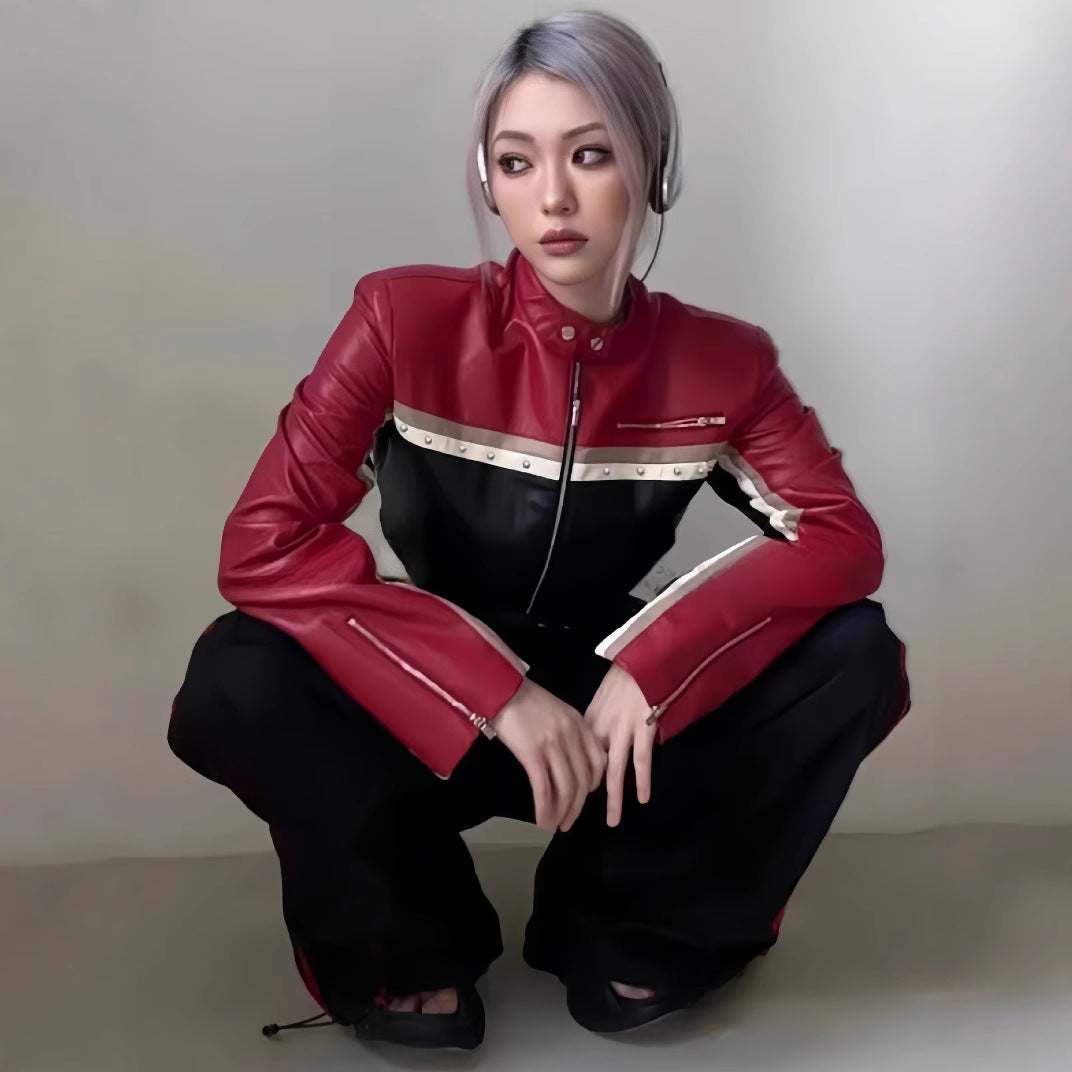 Damer trendig cropped läderjacka med unika färgaccenten Mirla-Eva Jonsson