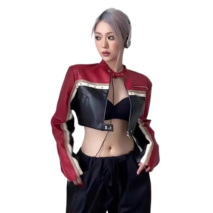 Damer trendig cropped läderjacka med unika färgaccenten Mirla-Eva Jonsson