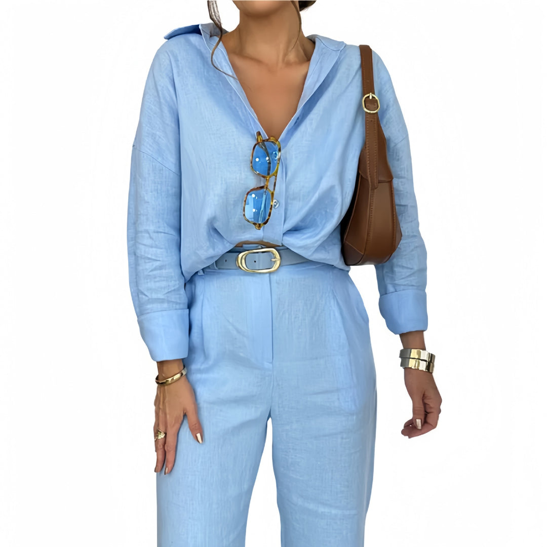 Damer trendig linne jumpsuit med figursydd skärning och långa ärmar Mirla-Eva Jonsson