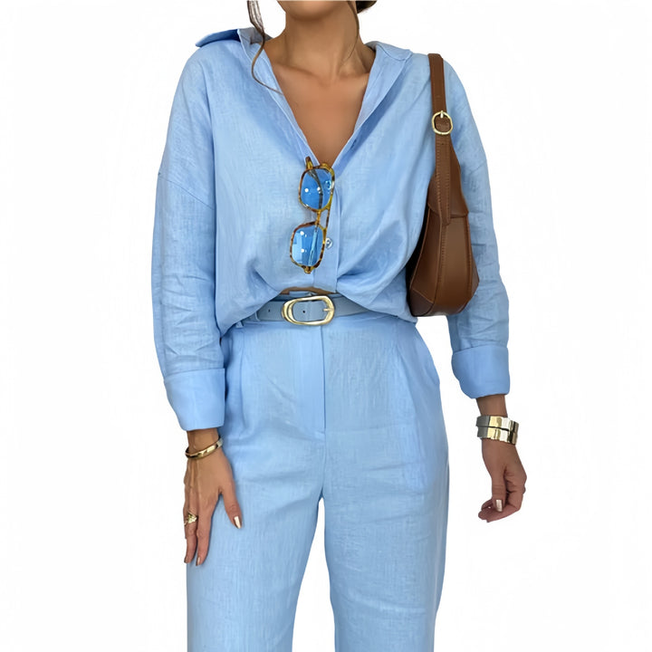 Damer trendig linne jumpsuit med figursydd skärning och långa ärmar Mirla-Eva Jonsson