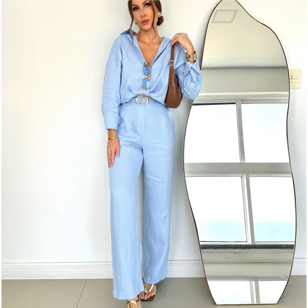 Damer trendig linne jumpsuit med figursydd skärning och långa ärmar Mirla-Eva Jonsson