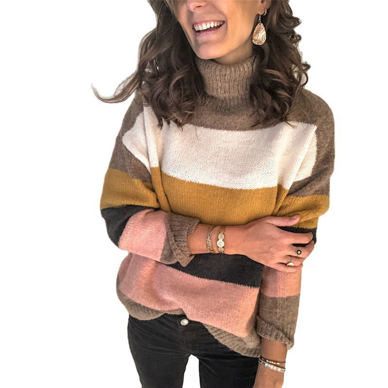 Damer trendig stickad tröja med hög krage och bred randmönster Eva Jonsson-Eva Jonsson