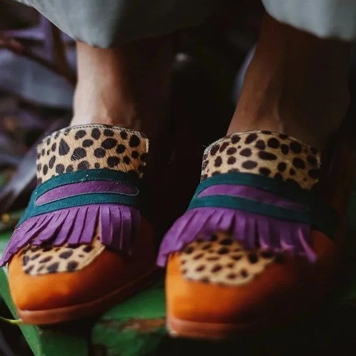 Damer trendiga loafers med djurmönster och fransar Mirla-Eva Jonsson