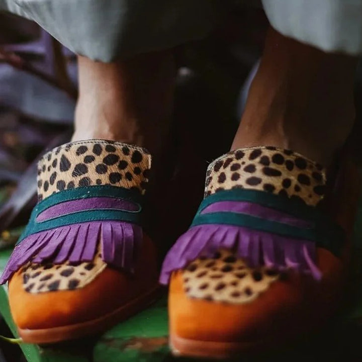 Damer trendiga loafers med djurmönster och fransar Mirla-Eva Jonsson