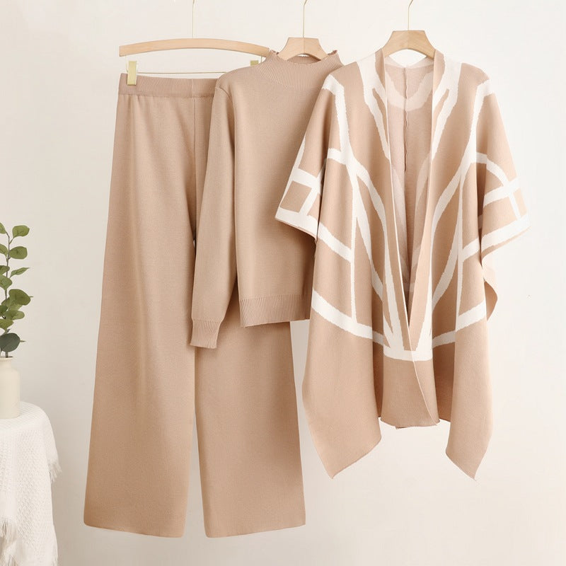 Damer trendigt stickat lounge set med grafisk poncho-design Eva Jonsson-Eva Jonsson