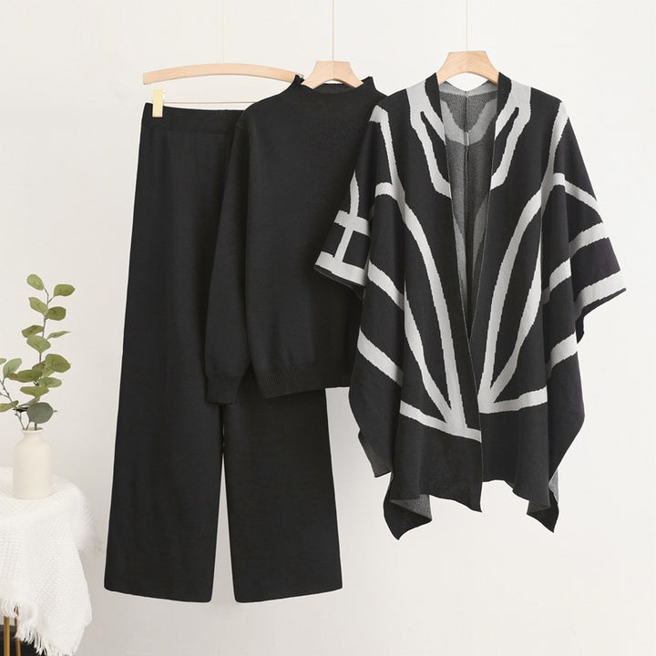 Damer trendigt stickat lounge set med grafisk poncho-design Eva Jonsson-Eva Jonsson