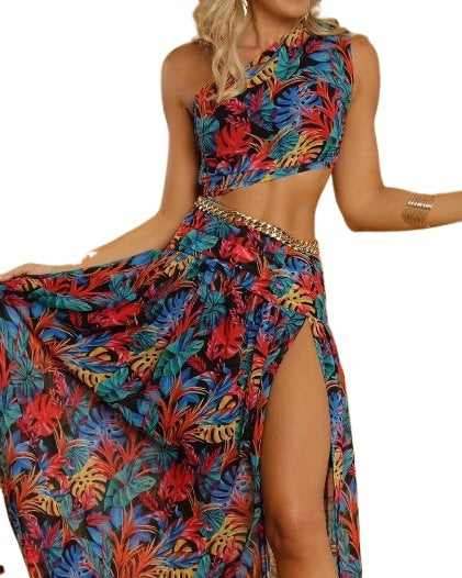 Damer tvådelad sommaroutfit med färgglad blommönster och sidoklyfta-Eva Jonsson