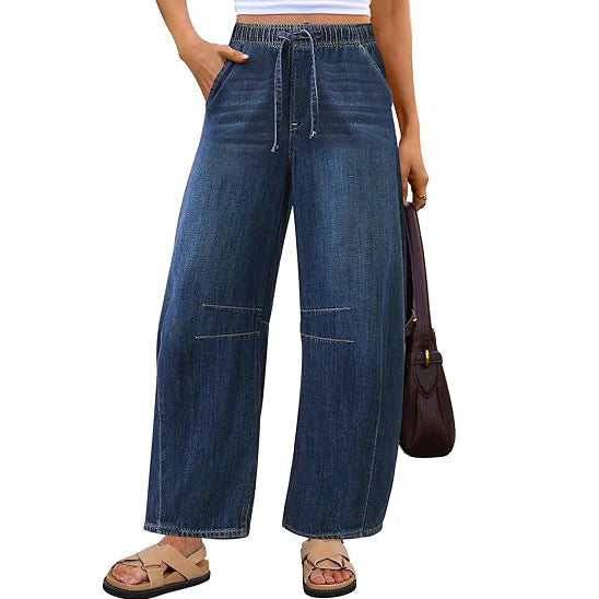 Damer vida denim-byxor med elastisk midja och praktisk skärning Mirla-Eva Jonsson